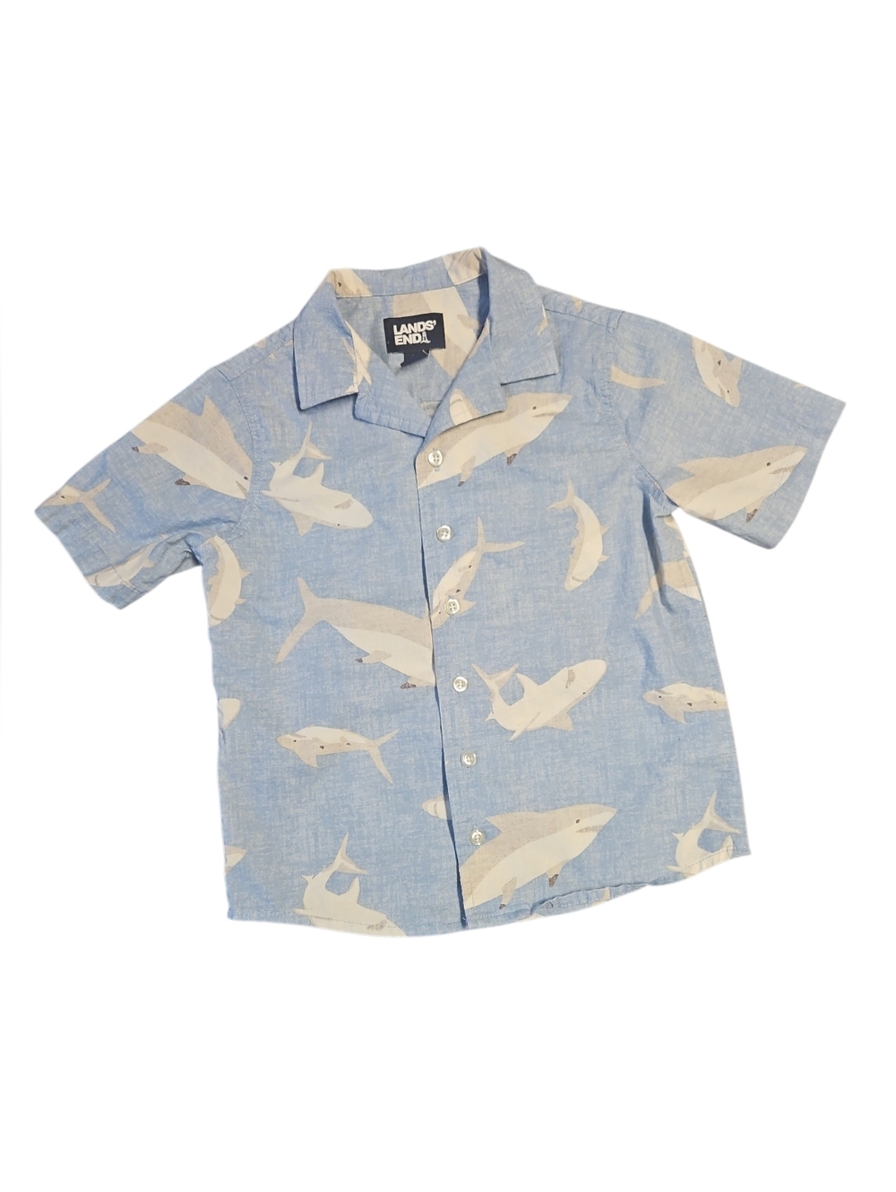 Lands' End Light Blue Shark-Print Short-Sleeve Button-Up Size XS 4-5